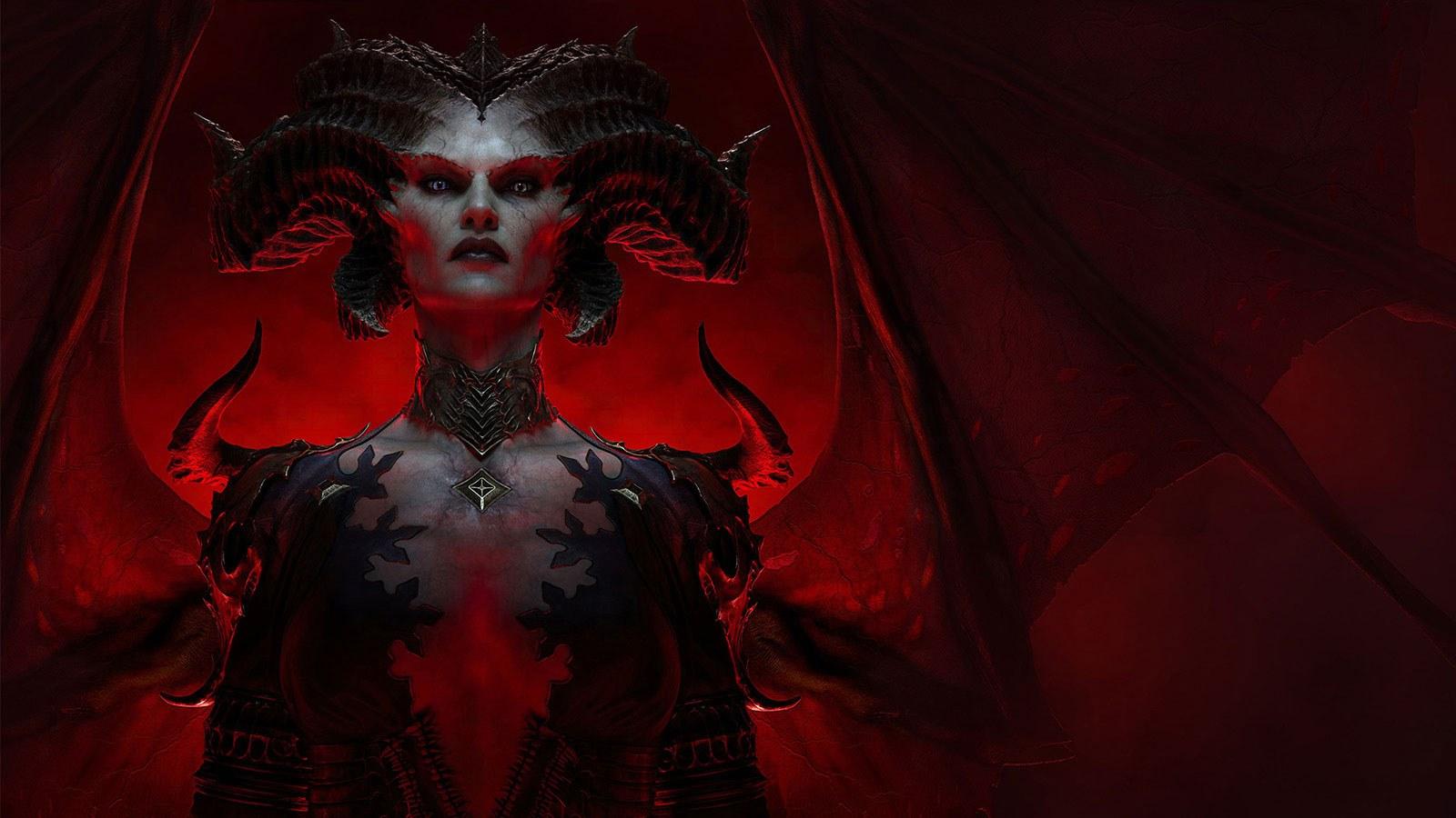 《og体育》角色莉莉丝的艺术渲染, 一个恶魔般的女人，在血红色的背景下长着翅膀.