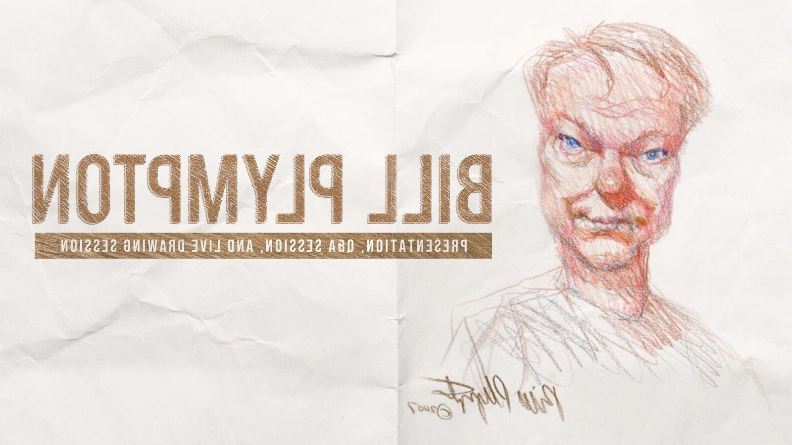 A sketch of American Animator Bill Plympton, drawn and signed by Bill, sits next to the text, “Bill Plympton: Presentation, Q&A Session, and Live Drawing Session.