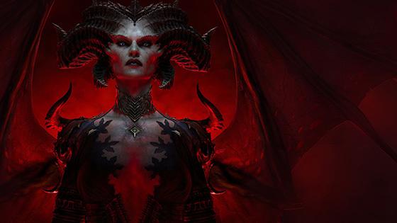 An artistic rendering of 'Diablo IV' character Lilith, 一个恶魔般的女人，在血红色的背景下长着翅膀.