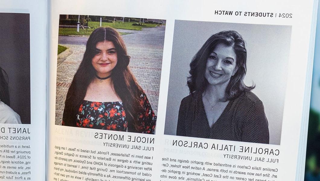Headshots of Full Sail grads Caroline Italia Carlson and Nicole Montes are pictured above two blocks of text in a hard copy of "Graphic Design USA" magazine, which is propped up on a white surface.